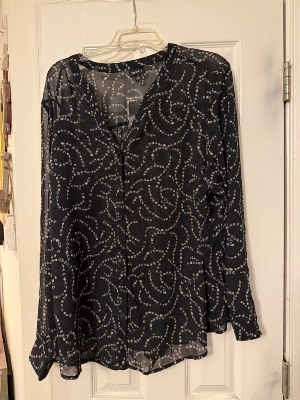 torrid black Sheer Long-Sleeve Blouse with White Swirl Print